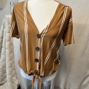 HYFVE Golden Brown & Cream Striped Full-Button-Down Tie-Front Blouse Sz Xs - NWT